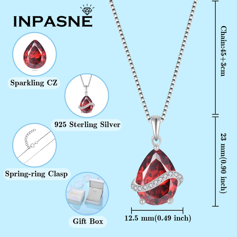 Inpasne Teardrop Garnet Necklace for Women 925 Sterling Silver January