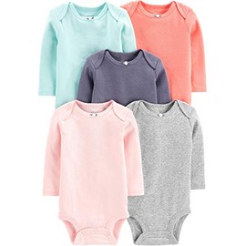 Simple Joys by Carter's Baby Girls' Long-Sleeve Bodysuit, Pack of 5, Grey/Mint Green/Navy/Peach/Pink, 6-9 Months