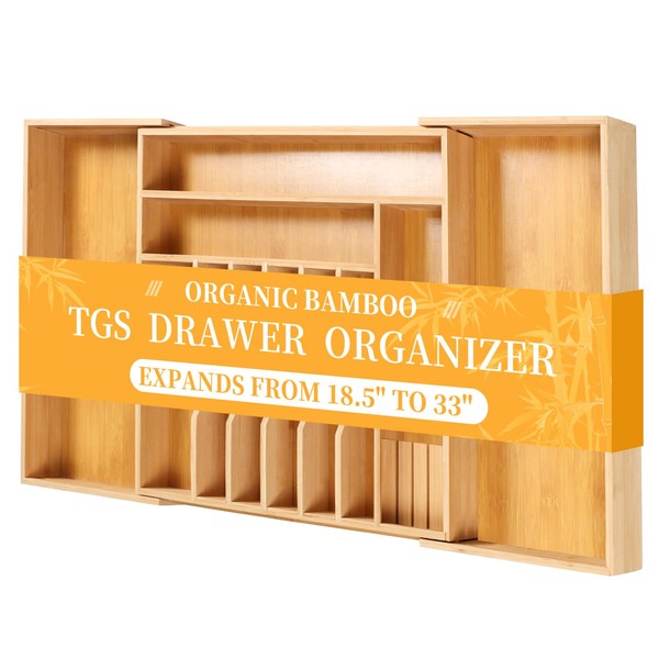 TGS Kitchen Silverware Organizer 19''L x 18''W Bamboo Drawer Organizer