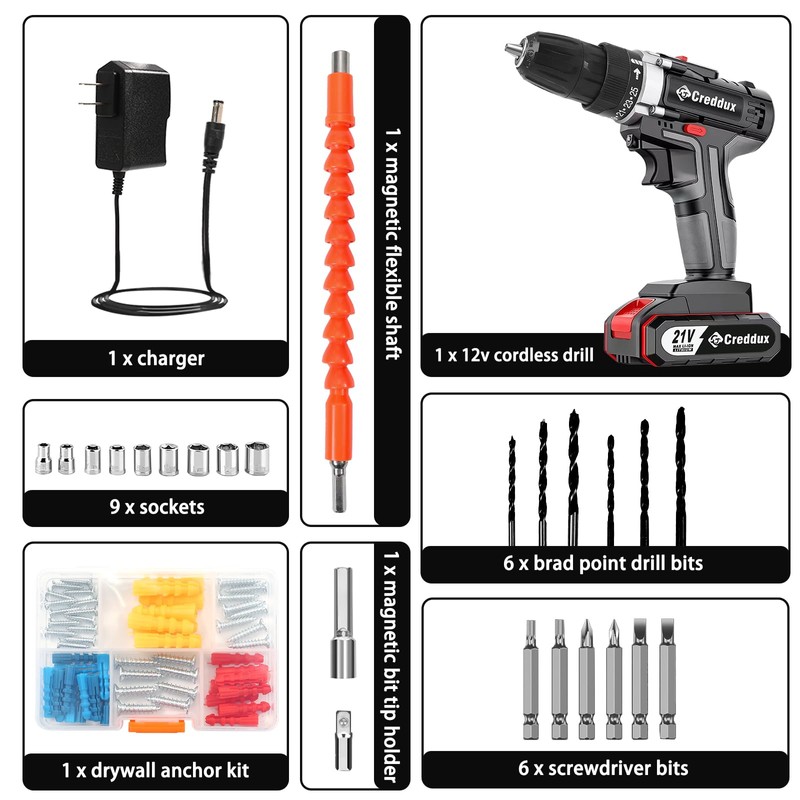 Creddux Cordless Drill Set 21v Power Drill Cordless With Battery