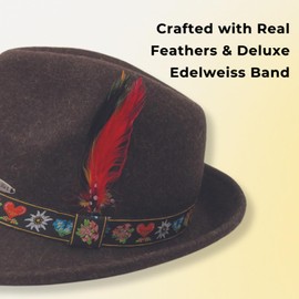 German Hat | 100% Wool Hats for Men & Women - Oktoberfest Hat with Bavarian Edelweiss Band & Feather | Brown Fedora