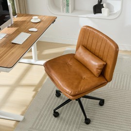 Criss Cross Chair with Wheels, Armless Comfy Thickened Cushion Wide Seat Cross Legged Office Chair with Pillow, Adjustable Swivel Mid Back Computer Task Vanity Home Office Desk Chair (PU, Brown)