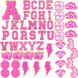 Geosar 54 Pcs 2.17 Inch Self Adhesive Chenille Letters Patches Pink Iron on Patches Preppy Embroidered Stickers for Clothing Backpack Bag Back to School Gifts(2.17 Inch,Rose Red Letter)