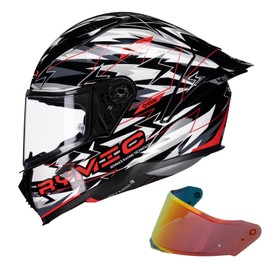 Rymic SR6 Full Face Motorcycle Helmet, Equipped with Clear & Multicolour Visors DOT Approved Street Racing Helmet (Black-White Thunder, S)