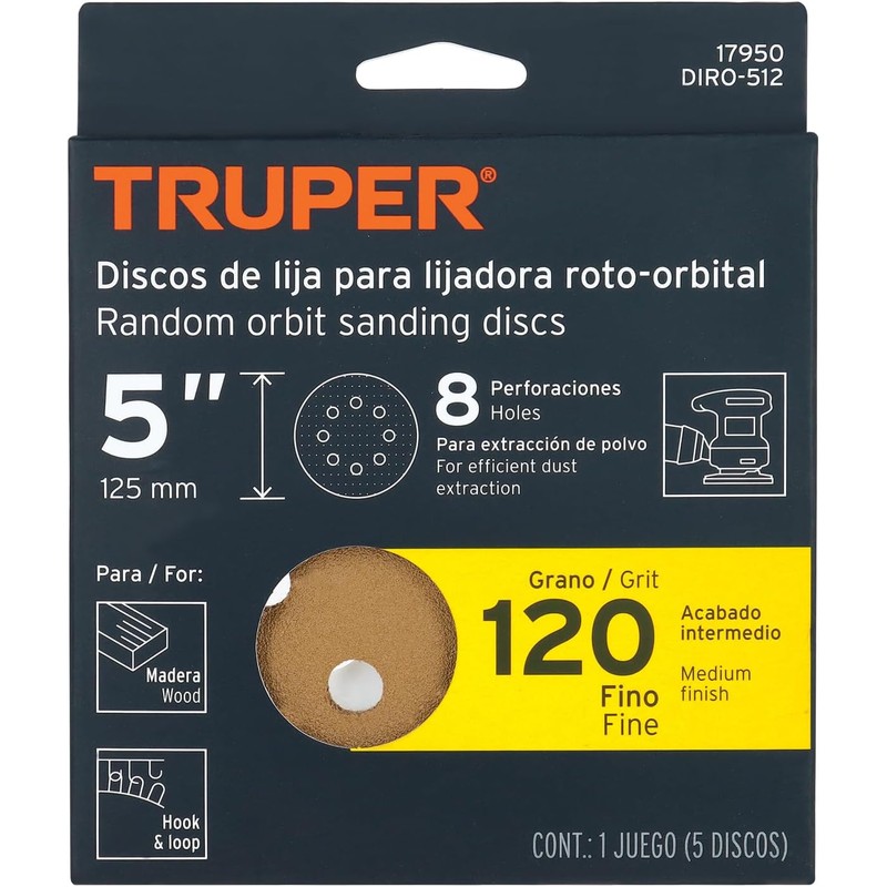 Truper DIRO-512, Disco de lija roto orbital 5", grano 120,
