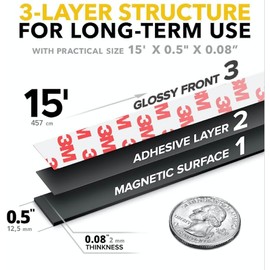 Flexible Magnetic Tape - Adhesive Strip with Strong Self Adhesive - Ideal Magnetic Roll Any Projects - Sticky Magnets for Fridge (1/2inch x 15 feet)