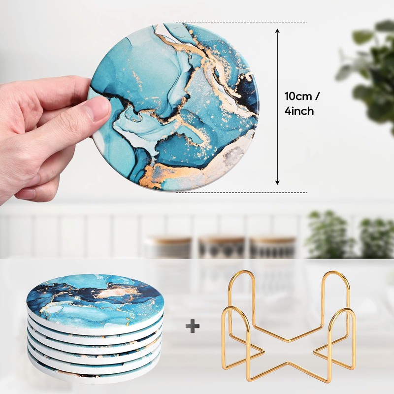 CoColemon Light Blue Thirstystone Coasters Set of 6, Marble Abstract