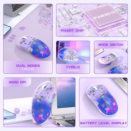 ZIYOU LANG A2 Transparent Wireless Gaming Mouse with Battery Level Display,Bluetooth/2.4G Wireless PC Mice,3D RGB Backlit,5 Million Clicks,PixArt 3212,up to 4000 DPI for Win/MAC,Purple