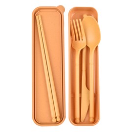 Camping Utensil Set, Reusable Utensils Set with Case, Plastic Cutlery Set Forks Spoon Tableware Chopsticks, Portable Cutlery Set for Travel Picnic Camping or Daily Use (Yellow)