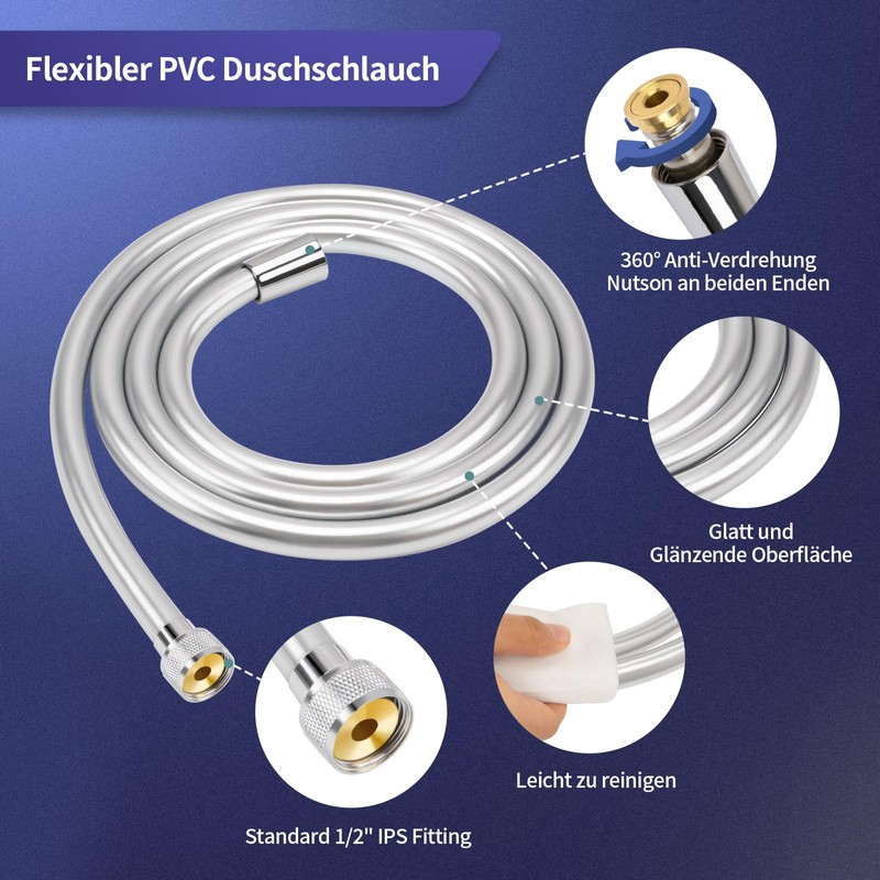 FEVONE Shower Hose 1.5 m Smooth PVC Silver Plastic Shower