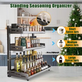 Spice Organization for Cabinet | 3 Tier Standing Height-Adjustable Spice Rack | Large Metal Rust-Proof Seasoning Organizer | Kitchen Storage Organization Shelf for Pantry Bathroom (3-40CM Grey)