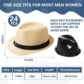 24 Pack 1920s Fedora Hats Bulk for Men Short Brim Sun Panama Hats for Women Party Costume, Circumference 60 cm(Beige)