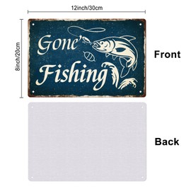 SUPERDANT Fishing Metal Signs Gone Fishing Tin Signs Fish Hooks Bait Blue White Metal Tin Sign Funny Signs Fish Vintage Wall Art Man Cave Sign for Fish Tank Garage Farmhouse Home Fence Retro Decor