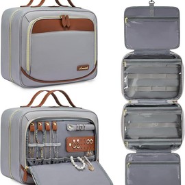 Travel Toiletry Bag for Women with Jewelry Makeup Brush Organizer,Large Hanging Travel Toiletry Bag with Makeup Cosmetic Bag Organizer, Carry-on Travel Accessories Essentials - Color: Gray