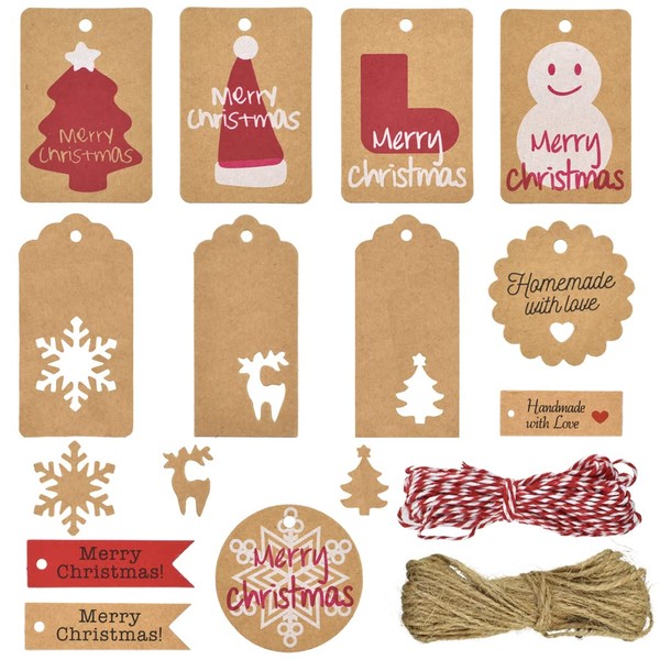 240 Pcs 12 Different Christmas Gift Tags Hanging Name Tags with String Snow Man Tree Pattern for DIY Arts Xmas Holiday Present, Decor Christmas Gift Decoration Supplies