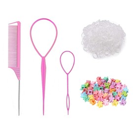 Pink Hair Styling Tool Set with 200 PCS Clear Mini Elastic Hair Elastics 20 PCS Small Grab Glips 1 Pcs Rat Tail Combs for Braiding Styling 2 Pcs Hair Pull Through Tool