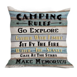 huester Funny Camping Rules Vintage Throw Pillow Cover,18"X18" Decorative Pillowcase Cushion Cover for Home Sofa Couch Bed,Campsite RV Cabin Decor, Gift for Camping Lovers Campers