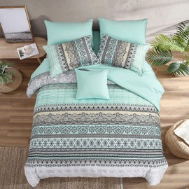 WONGS BEDDING Double Size Bohemian Duvet Cover Mint Green Colorful Boho Bedding Set with 2 Pillowcases Soft Microfiber Moroccan Quilt Cover 200x200cm