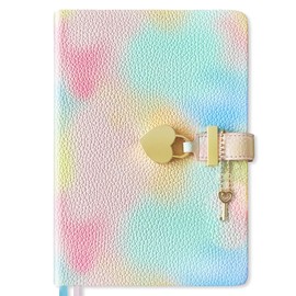 Mlife A5 Heart Padlock Journal Notebook with Keys, Diary Girls Secret Notepad 192 Pages, Lockable Notebooks, Gifts for Teenagers Girls (Rainbow Pink)