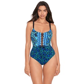 Skinny Dippers Women's Swimwear Kontiki Suga Babe Lace Up Removable Cup One Piece Swimsuit, Ocean Jewels, X-Large