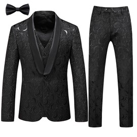 UNINUKOO Mens Suits 3 Piece 1 Button Prom Floral Wedding Shawl Lapel Casual Tuxedo Suit Set US Size 44 Black