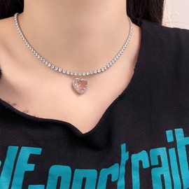 Allereyae Vintage Pink Crystal Heart Necklace Tennis Chain Necklace Silver Tennis Choker Necklace Cz Heart Pendent Necklace Pink Gemstone Heart Chain Necklace Jewelry for Women