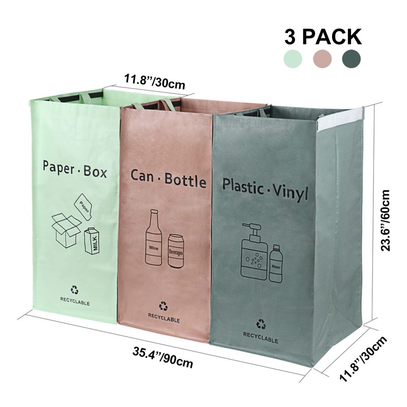 3 Packs Recycling Bags Pink,Green,Gray with handle Separate Sorting Organizer