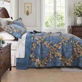 Qiqiong 100% Cotton Elegant Floral King Quilt Set, Denim Blue &Tan 3 Pcs