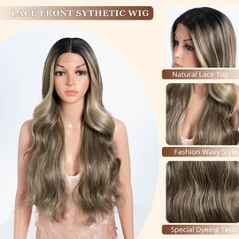 Style Icon Long Wave Wig 28 Inch Highlight Brown Synthetic Lace Front Wig Long Water Wave Wigs Pre Plucked Baby Hair Middle Part Lace Wig (NTSN 4/UN9/12R)