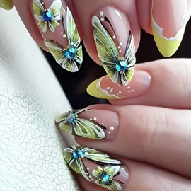 24 Pcs French Tip Press on Nails Medium Almond Butterfly Fake Nails with Rhinestones Design Spring Summer Yellow Butterflies False Nails Glue on Nails Full Cover French Acrylic Nails for Women Girl