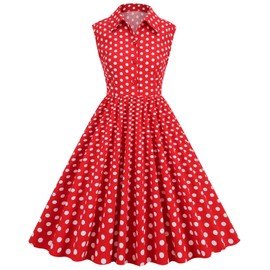 Women 1950s Vintage Shirt Dress 50s Style Polka Dot Dress Vintage Cocktail Dress for Women 1950s Tea Party Dress Sleeveless Buttons Fit Flare A line Church Dress Rockabilly Prom Dress Red Polka Dot XL