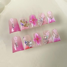 Handmade Press on Nails Short Duck 3D Floral Cute Pink Thick Acrylic Fake Nails French Tip False Nails with Rhinestones Flower Butterfly Designs Sturdy Nail Art Press on Nails 10Pcs(M)