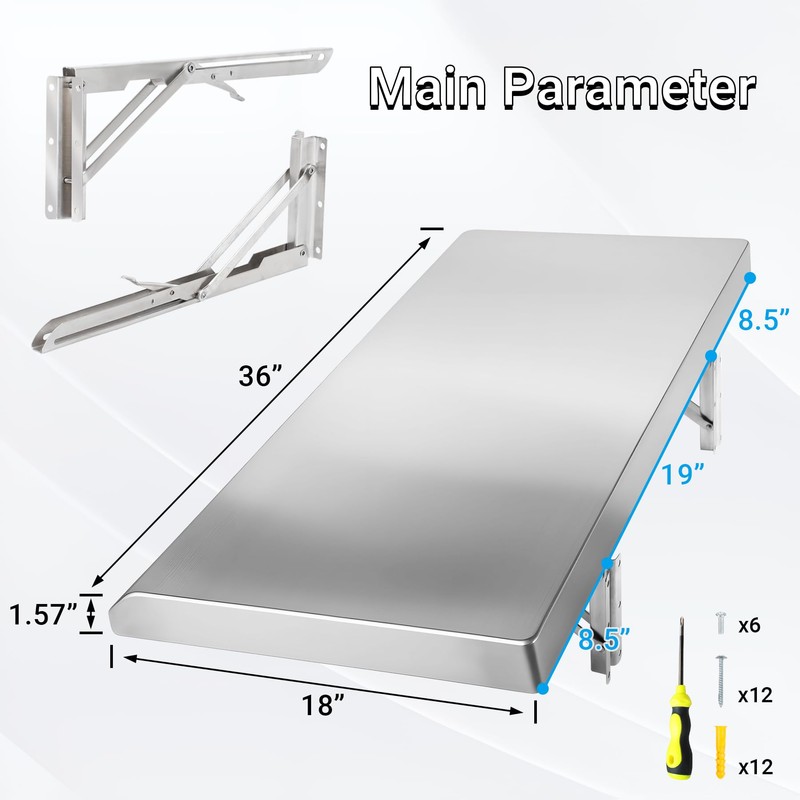Toriexon Folding Concession Shelf 36" x 18", Stainless Steel Drop