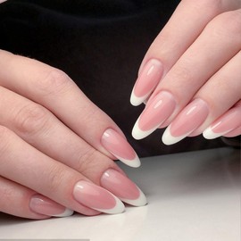 UOCAI 24pcs French Tipp Press on Nails Glossy Kunstnägel Selbstklebende Mandel Gefälschte Nägel Chrom False Nails Glänzend Vollabdeckung Falsche Nägel French Press On Nails für Frauen und Mädchen