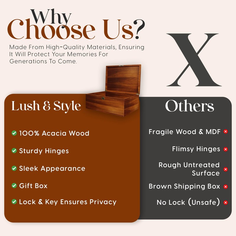 LUSH & STYLE Large Memory Box For Keepsakes Acacia Wood