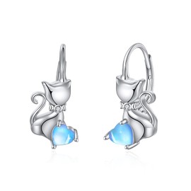 Earrings Cats Leverback Sterling Silver Moonstone Cat Dangle Earrings Jewelry Christmas Gifts for women Teen Girls cat Lovers