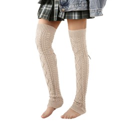 YAMEE Women's Warm, Knee Socks with Rope Fashionable, Leg Warmers Knitted for Women Winter, Cuddly Socks for Women, Boot Stockings Women with Cable Pattern, Calf Cuffs, Windproof, Boot Socks, beige