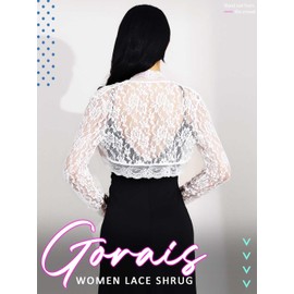GORAIS Lace Shrug Womens Bolero Jackets for Evening Dresses Long Sleeve Wedding Shrugs for Bride and Bridesmaids White