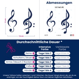 Tattwo.me Temporary Tattoos for Adults and Kids 2 Weeks Waterproof - Heart/Treble Clef and Bass/Treble Clef - Vegetable Ink - EU Cosmetic Certificate - (M0243)