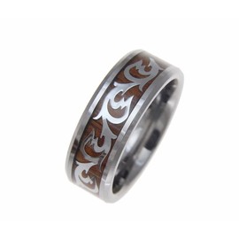 Arthur's Jewelry Genuine inlay Hawaiian koa wood shiny scroll band ring tungsten comfort fit 8mm size 10