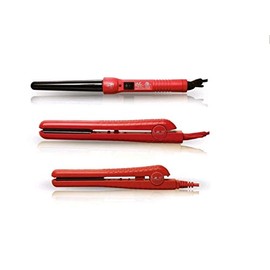 ISO Beauty Full Set w/ 1.25" Hair Straightener, Curling Iron Wand and Mini Flat Iron Complete Full Set (Red)
