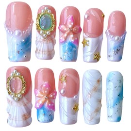 Handmade Press On Nails Pink 3D Floral & Gold Decor Vintage Style Fake Nails Medium Long Square Reusable Acrylic False Nails Blue Ombre Acrylic Nail Tips (Petal Mirage, S)