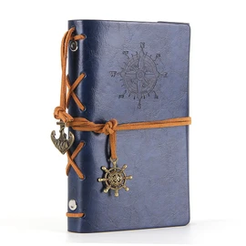 EvZ Leather Writing Journal Notebook, 5 Inches Vintage Nautical Spiral Blank String Diary Notepad Sketchbook Travel to Write in, Unlined Paper, Retro Pendants, Classic Embossed, Dark Blue