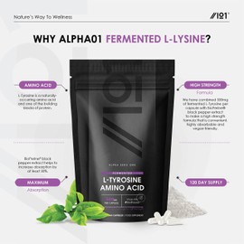 Fermented L-Tyrosine 500mg with BioPerine® - Essential Amino Acid Support – Made with BioPerine – Non GMO, Gluten Free, Halal – 120 Vegan Capsules