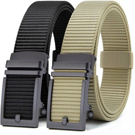 Cinturones para hombre Casual DOXUNGOO Paquete de 2 cinturones de golf, cinturón de trinquete de nailon, ajuste fácil de ajustar (Negro y caqui)