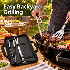 3-Piece Stainless Steel BBQ Grill Tool Set for Outdoor Cooking – Portable Grilling Utensils with Carrying Case for Camping and Backyard BBQs
