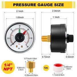 Frienda 2 Pcs 2" Dial Pool Filter Pressure Gauge Kit, Universal Clean Filter 0-60 Psi, Liquid Water Gauge with Stainless Steel Case, 1/4" Npt and 1/8" Npt Brass Thread Adaptor(Center Back Mount)