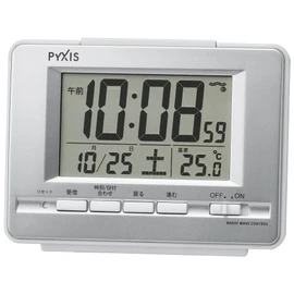 Seiko Digital RC Alarm Clock with Calendar & Temperature Display, PYXIS Silver/Metallic (NR535W)