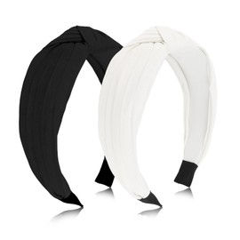 GAFATORY 2Pcs Headbands for Women Girls Fashion Knotted Headbands Comfortable Wide Hair Bands Elastic Top Knot Hair Accessories （Black，White）