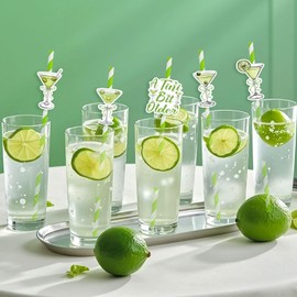 Serencatcher 50Pcs A Tiny Bit Older Birthday Party Paper Straws, Green Martini Bow Party Disposable Drinking Striped Paper Straws for Cocktail Martini Birthday Bachelorette Party Decorations